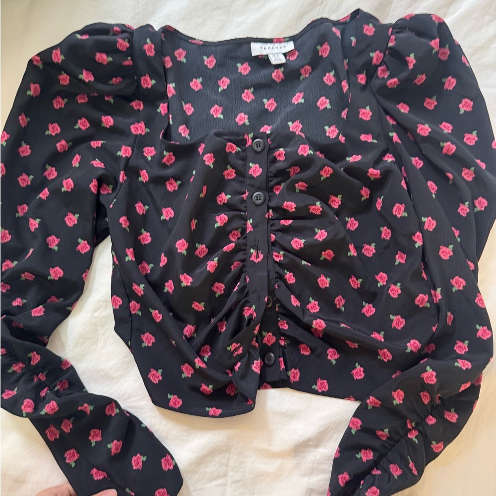 Topshop Black Top with Pink Rose Pattern